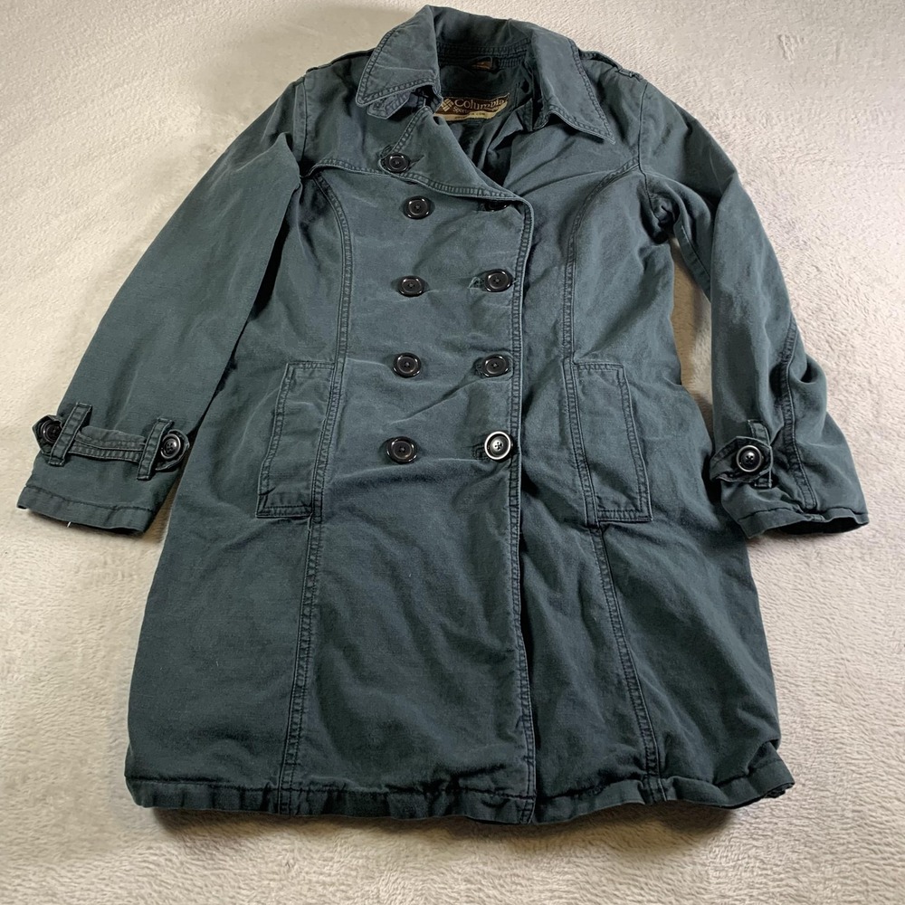 Columbia‎ Trench Coat Womens Small Green Cotton Double Breasted Pockets Outdoors